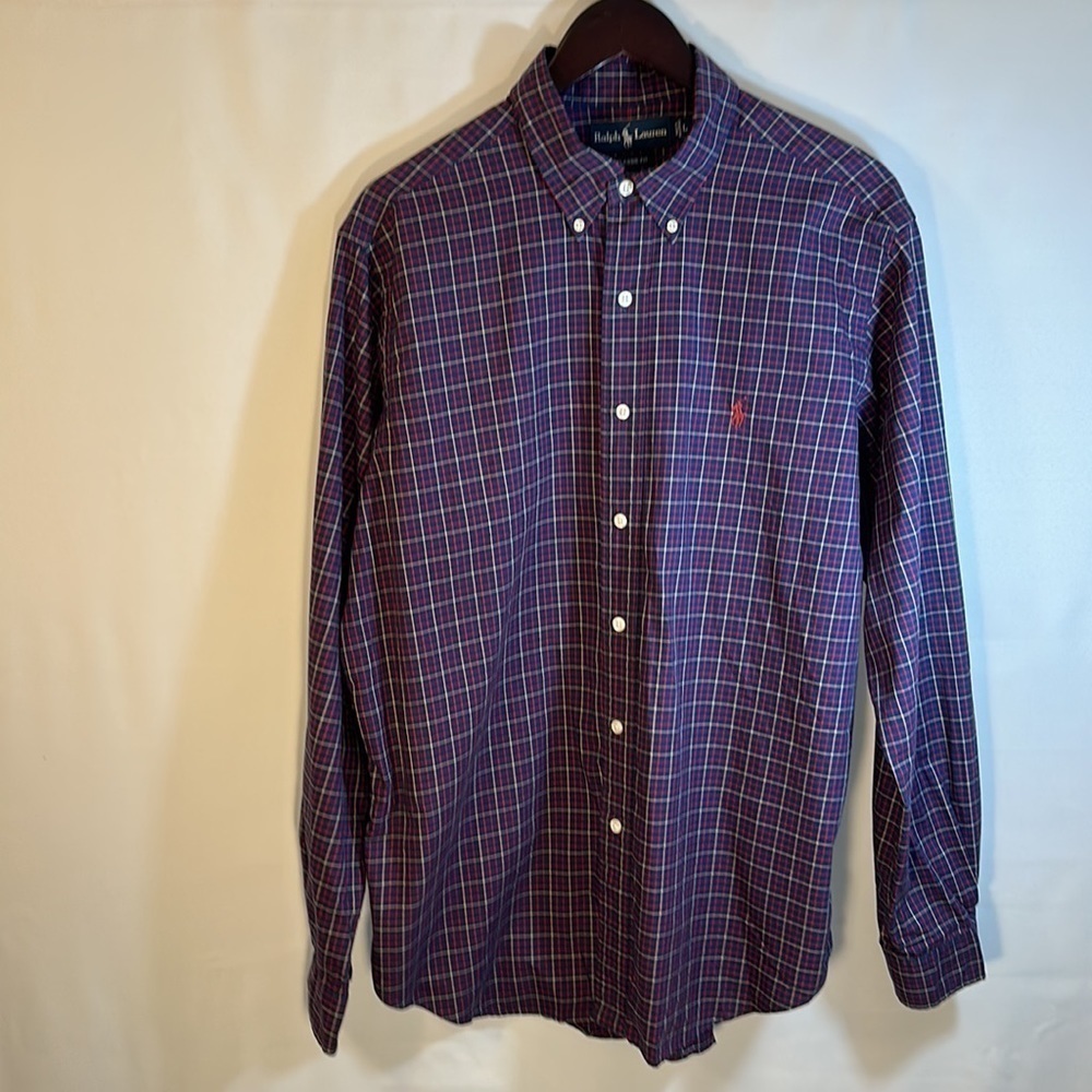 Ralph Lauren Classic Fit Cotton Blue Red Gingham Button Down Long Sleeve Shirt L